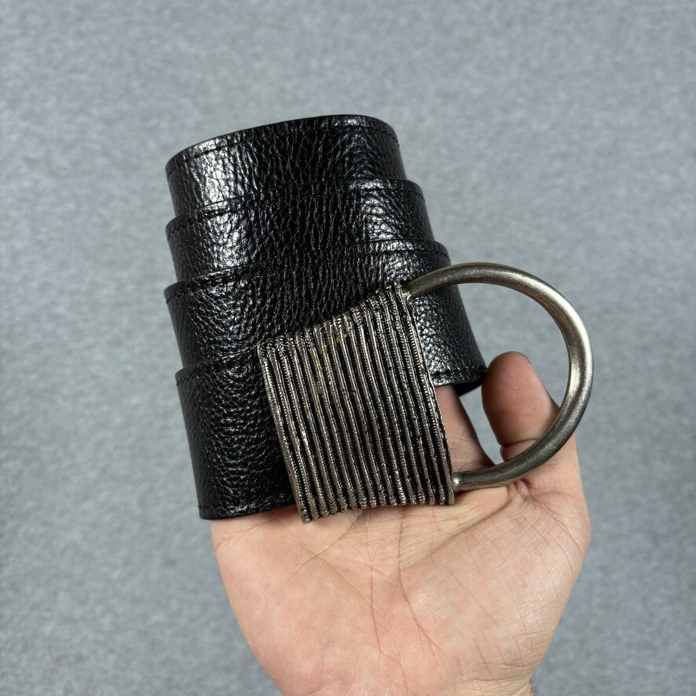 Kim White USA Womens Black Leather Belt Silver D Ring Statement Buckle Red XL